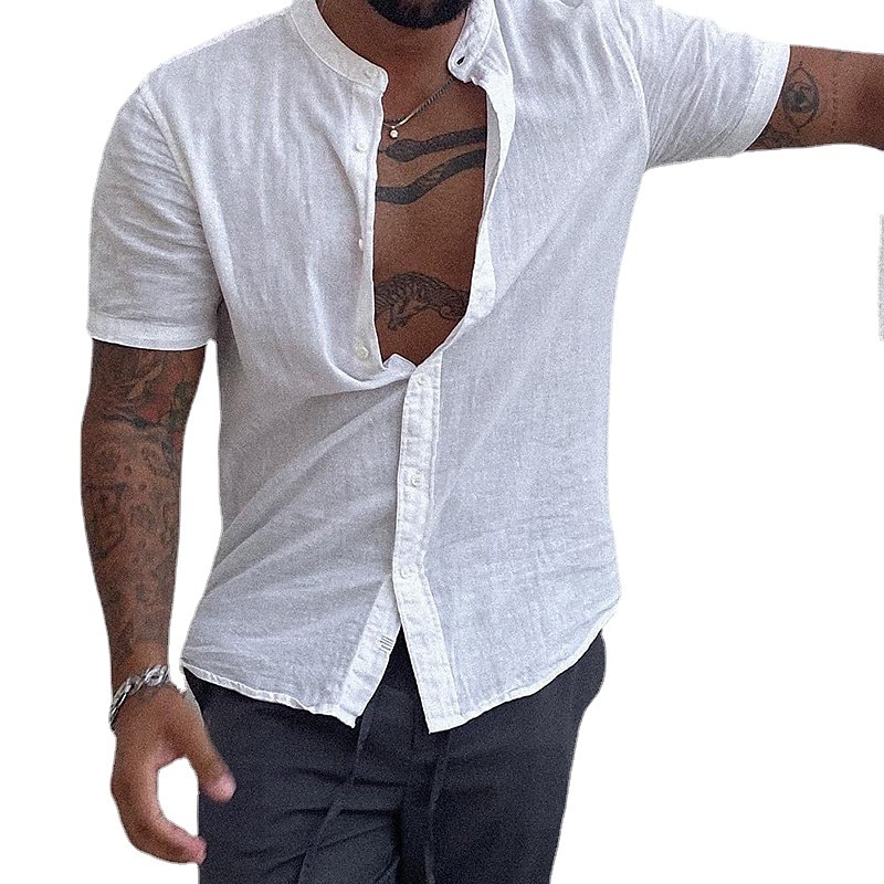 Voor heren Overhemd linnen overhemd Chinees kraag overhemd Mandarijn kraag overhemd Zomer overhemd Strand hemd Effen Vakantie Casual Wit Korte mouw opa kraag Zomer Kleding 2025 - $27.99 –P5