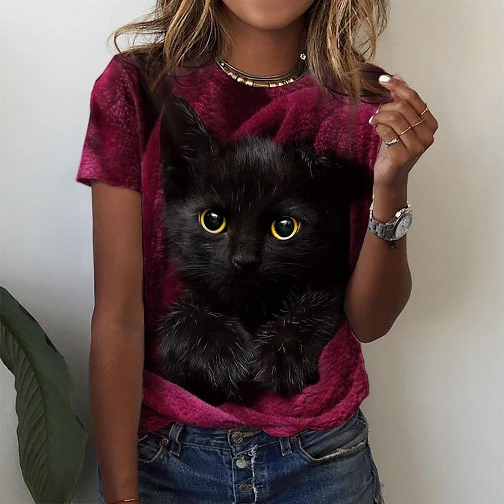 Women's T Shirt Basic Cat Print Short Sleeve Regular Tops Round Neck Daily Weekend Red Blue Purple Green Gray 2025 - $19.99 –P5