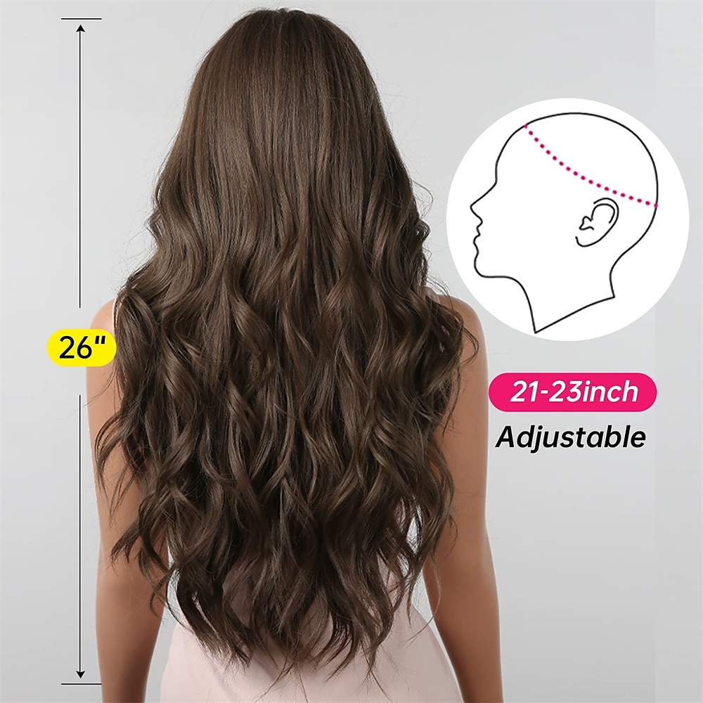 chocoladebruine pruiken voor vrouwen cosplay lang krullend pruik met pony natuurlijk golvend partij synthetisch haar 2025 - $32.99 –P14