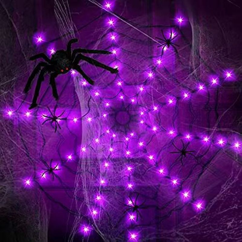 Luzes de teia de aranha de Halloween 60 LED com aranha preta à prova d'água luzes de rede roxas controle remoto alimentado por USB 8 modos teia de aranha para decoração de quintal de festa iluminação de 2025 por $23.99 –P8