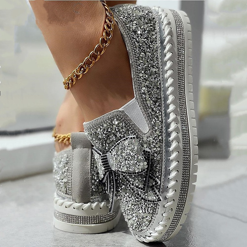 Zapatillas sin cordones con brillantes diamantes de imitación para mujer: mocasines con plataforma y lazo con purpurina para fiestas, ropa informal y de calle 2026 - $46.99 –P7