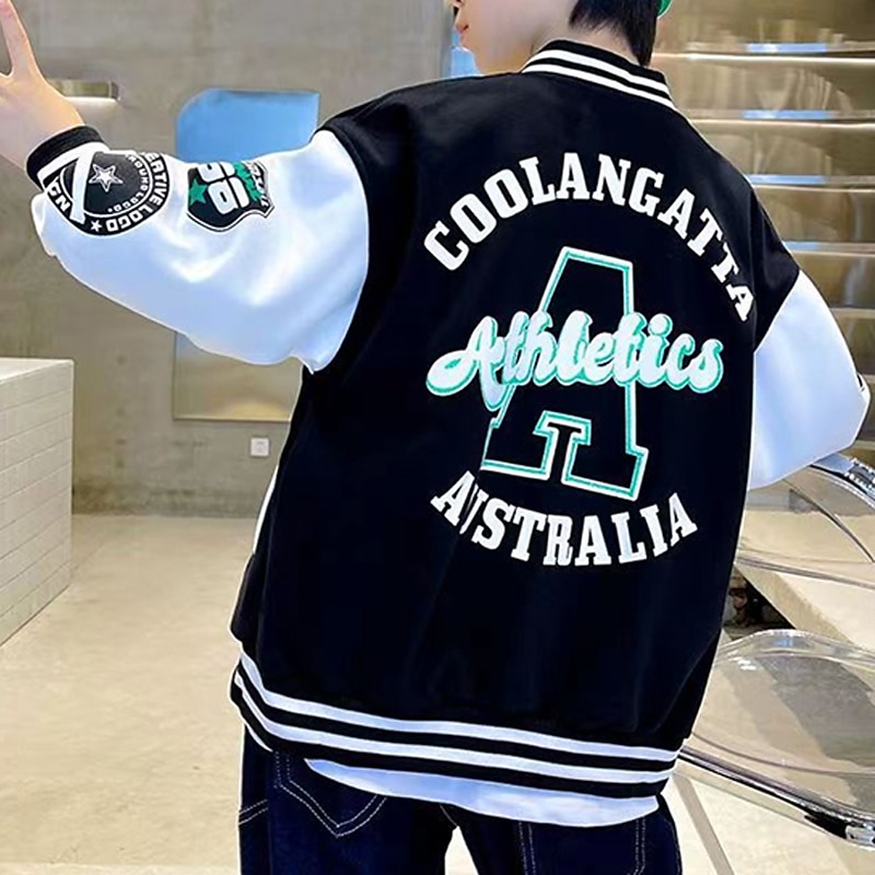 Barn Pojkar Baseballjackor Ytterkläder Färgblock Bokstav Rand Långärmad Ficka Täcka Skola Sport Mode Streetwear Svart Grön Höst Vinter 7-13 år 2025 - $22.99 –P4
