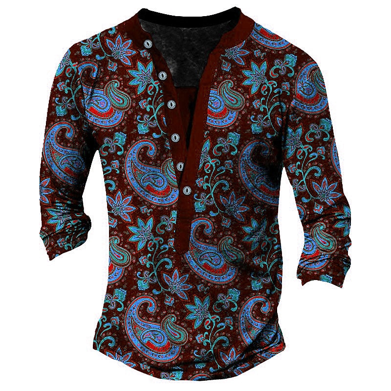 Hombre Estampados Estampado Floral Henley Shirt Camisetas gráficas camisa de la vendimia Manga Larga Impresión 3d Moda Básico Casual Exterior Vacaciones Diario Primavera & Otoño Burdeos Azul Marino 2025 - $22.99 –P2