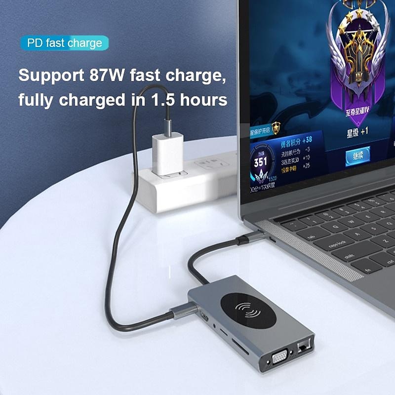 13 IN 1 USB C HUB Adapter with Wireless Charging USB C To HDMI 3.5mm Jack Audio SD TF HDMI VGA RJ45 USB3.0 Docking Station for MacbookPRO 2025 - $68.99 –P2