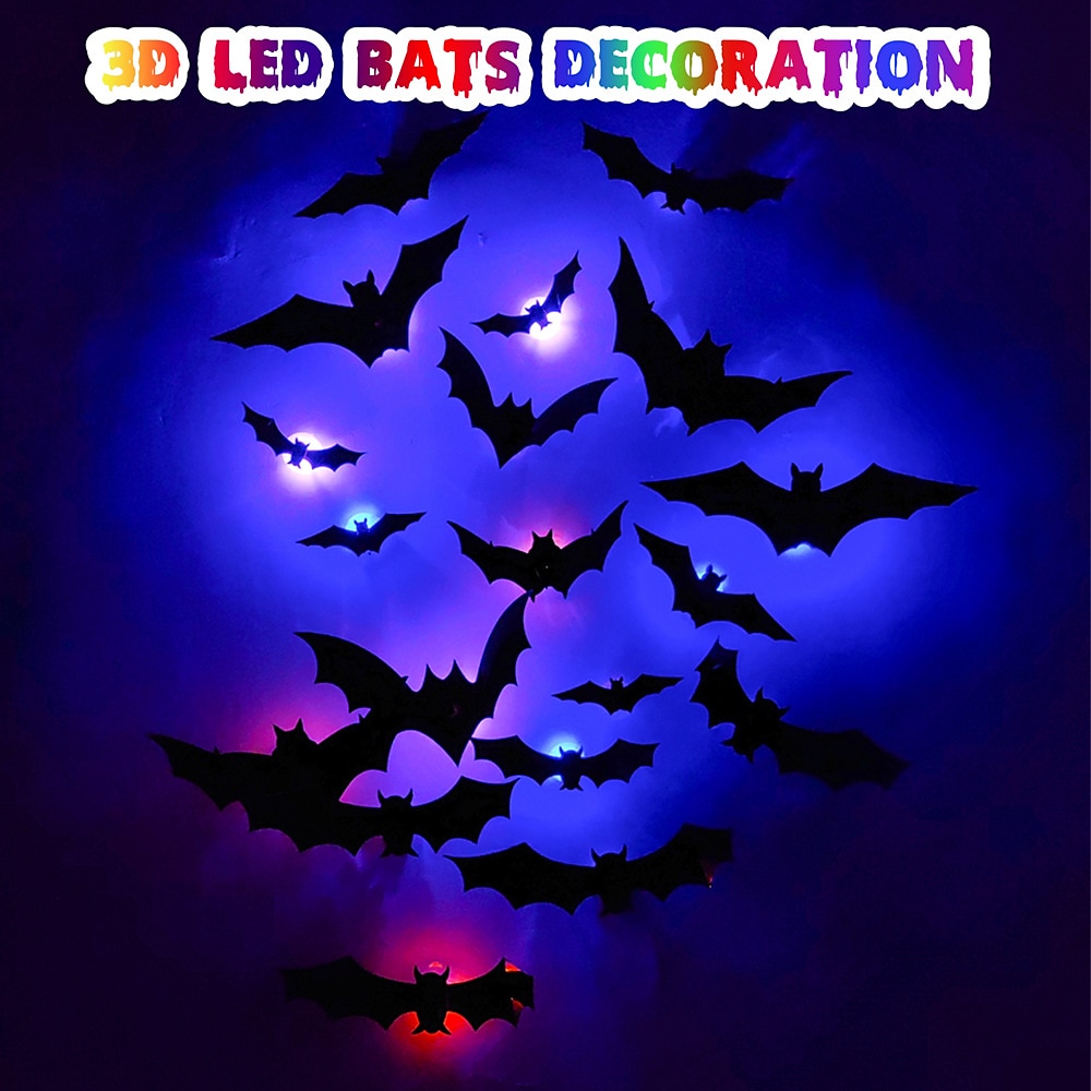 halloween 12/24ks led světelná nástěnná výzdoba netopýrů, 3D netopýří halloweenská dekorace vnitřní nálepky netopýrů, voděodolné černé strašidelné kutilské netopýry pro domácí dekoraci vnitřní venkovní párty dekorace 2025 - $7.99 –P1