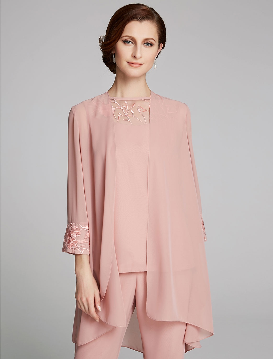 Jumpsuit  Pantssuit Moeder van de Bruid Formele Bruiloft Gast Wrap Inbegrepen Juweel Hals Vloerlengte Chiffon Kant 3/4 Lengte Mouw met Pailletten 2025 gratis op maat 2025 - $155.99 –P1