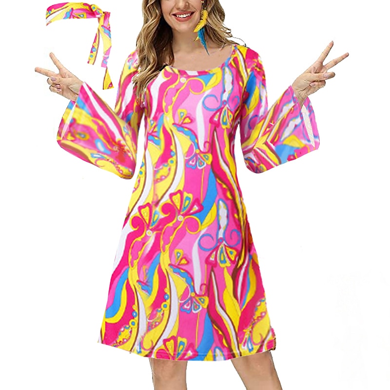 Hippie 1970er Disko Kleid Cosplay Kostüm Stirnband Trompetenärmel Hippie Disco Damen Mädchen Halloween Karneval Maskerade Party-Abendmode Pride Parade Pride-Monat Erwachsene Kleid Stirnband Frühling 2025 - €20.99 –P9