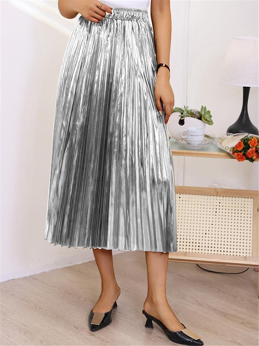 Per donna Altalena a dondolo Gonna lunga Medio Gonne A pieghe Metallizzato Lungo Tinta unita Scintillante Halloween Strada Per tutte le stagioni Poliestere Di tendenza Brillante Argento Nero Oro Oro del 2025 a $28.99 –P6