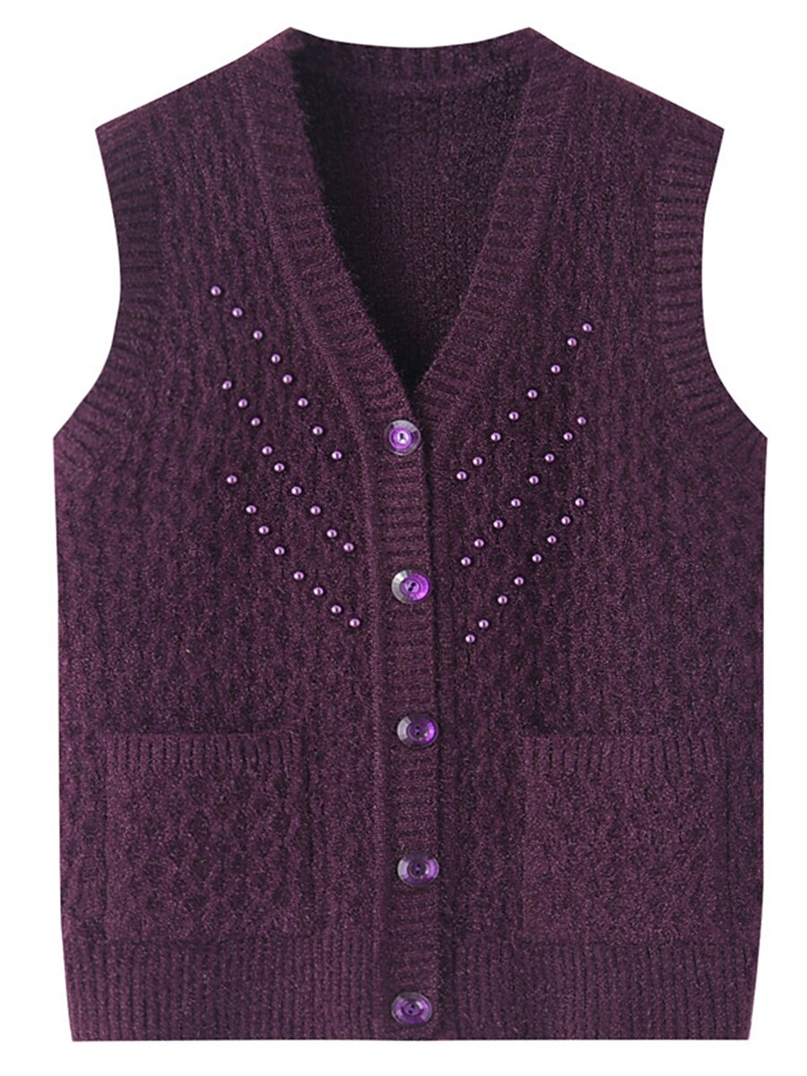 Women's Sweater Vest V Neck Ribbed Knit Polyester Button Pocket Fall Winter Outdoor Holiday Going out Stylish Casual Soft Sleeveless Solid Color claret ArmyGreen Dark Green XL reference (90-110 2023 - US $26.99 –P5