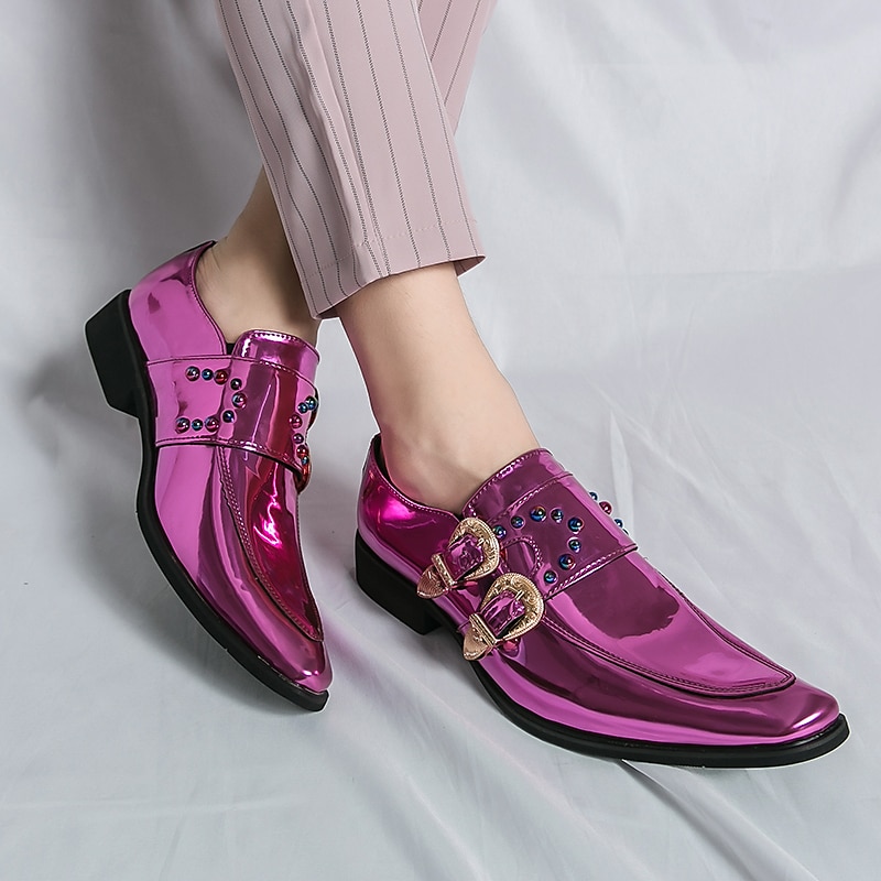 herresko i rosa metallisk spenne – mote loafers med rhinestone-detaljer for fest- og sceneklær 2025 - $59.99 –P12