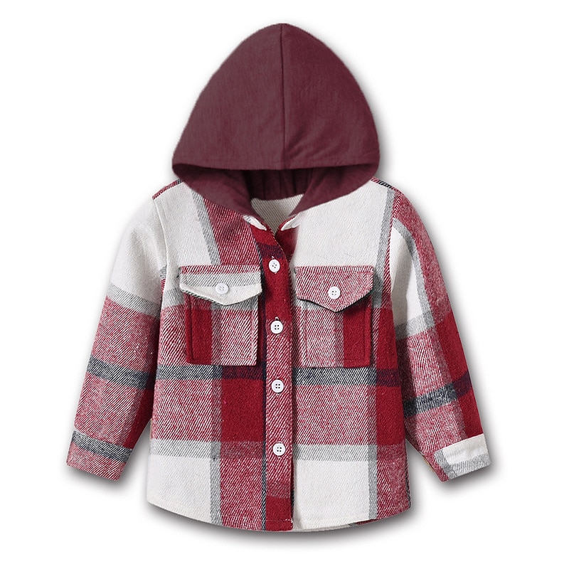 Barn Pojkar Kappa Hoodiejacka Ytterkläder Rutig Långärmad Knappar Täcka Utomhus Mode Streetwear Dagligen Vin Armégrön Rubinrött Höst Vinter 7-13 år 2025 - $28.99 –P3