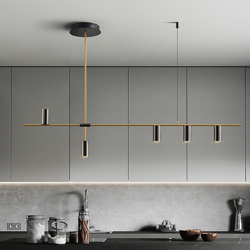 luci isola cucina lampada a sospensione moderna lampada a sospensione lineare industriale moderna a 5 teste per soggiorno, isola cucina, finitura oro e paralume nero, lampadina inclusa 110-240v del 2025 a $300.69 –P8