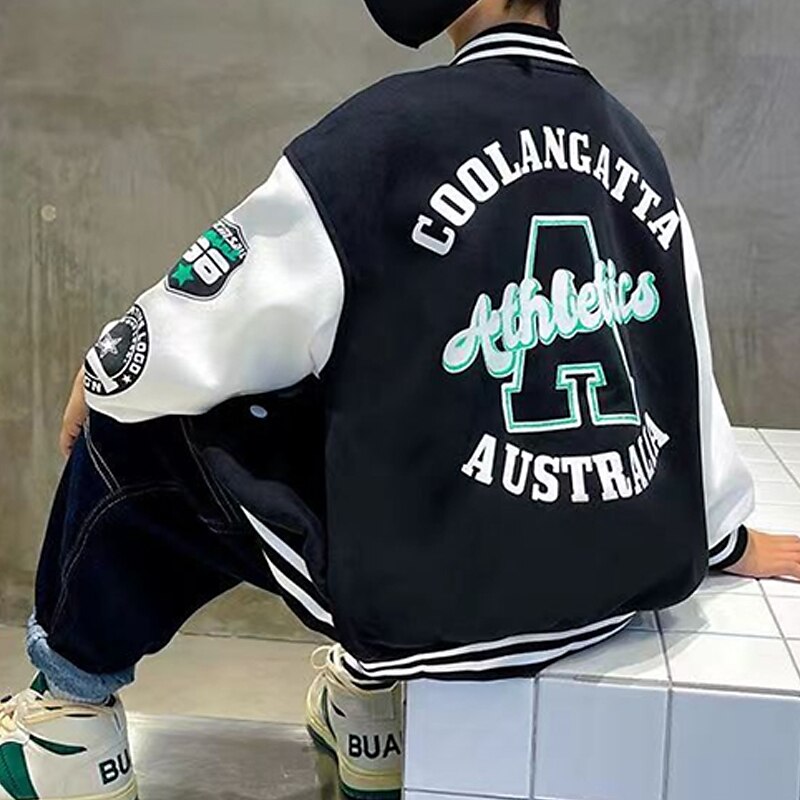 Barn Pojkar Baseballjackor Ytterkläder Färgblock Bokstav Rand Långärmad Ficka Täcka Skola Sport Mode Streetwear Svart Grön Höst Vinter 7-13 år 2025 - $22.99 –P2