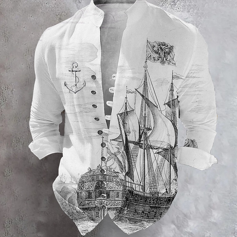 Bărbați Marin Ancoră Barcă navigare Cămașă Camașă cu nasturi Manșon Lung Modă Șic Stradă Designer În aer liber Casual Zilnic Vară Primăvară Toamnă Guler de stand Imprimeu Alb Kaki 2025 - $25.99 –P2