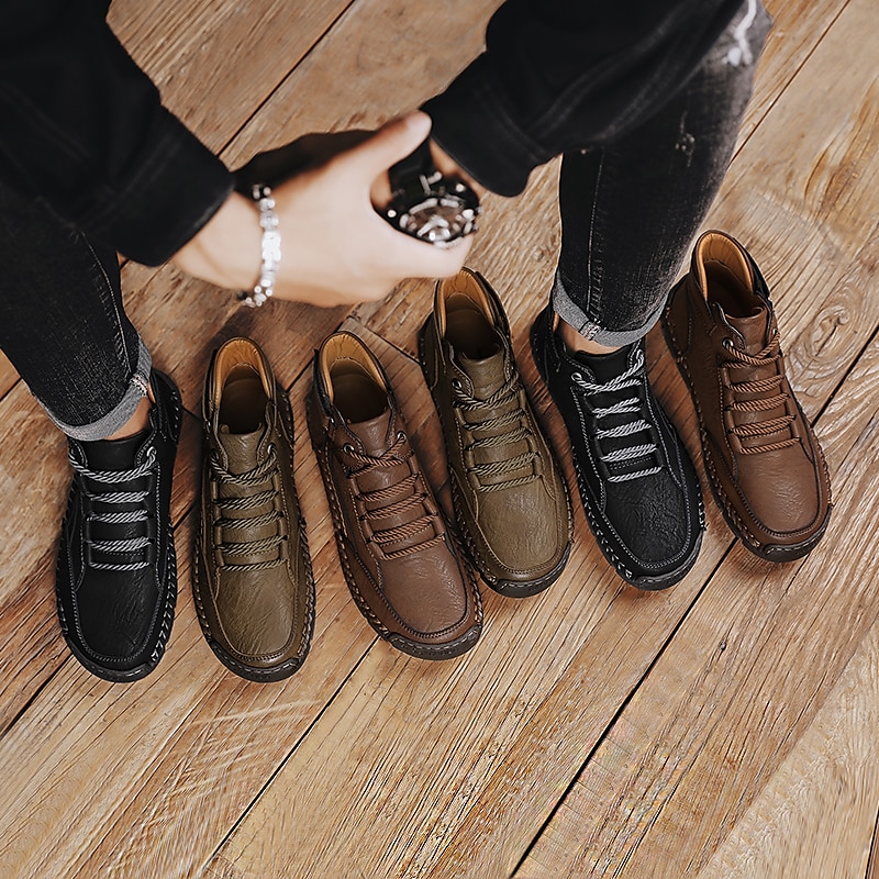 Men's Brown Leather Ankle Boots – Handmade Stitching, Lace-Up Design, and Durable Non-Slip Sole for Outdoor and Casual Wear 2025 - $54.99 –P1
