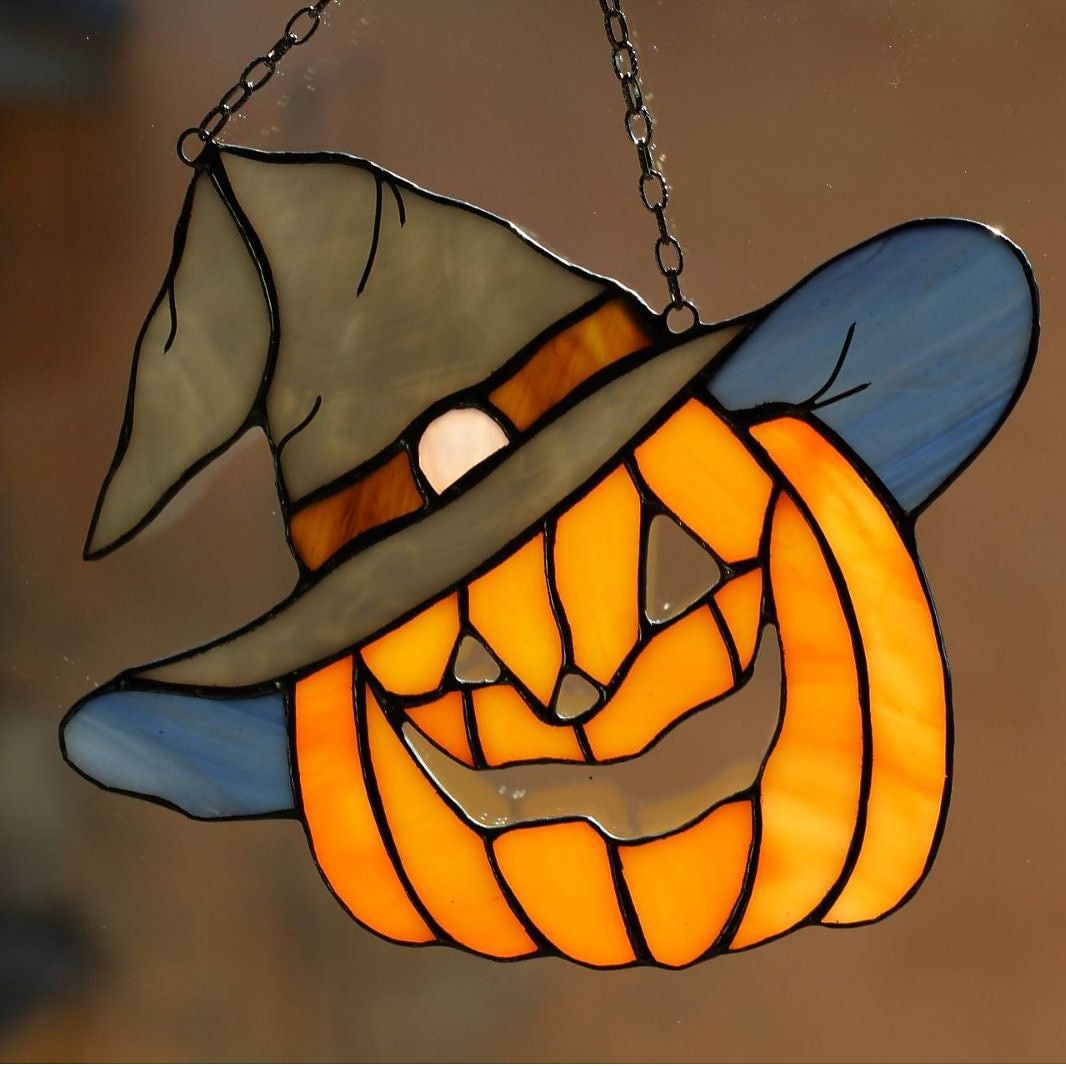 Stained Glass Pumpkin in a hat Fall Orange Halloween Suncatcher Picture Home Decor Window Wall Hangings Cling Nature Ornament Gift House 2025 - $9.49 –P2