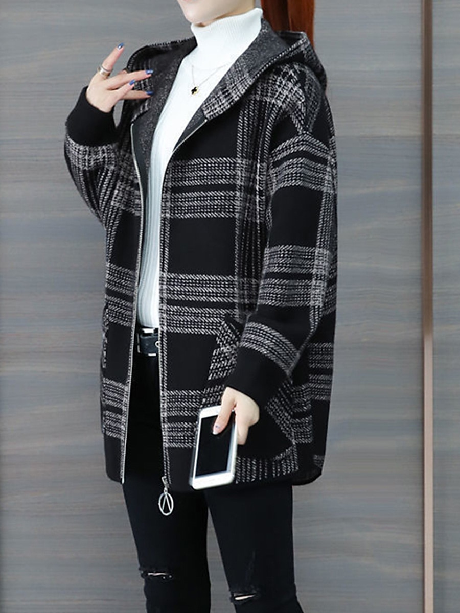 Women's Hoodie Jacket Fall Zip up Sweatshirt Drawstring Sweatshirt Winter Cropped Coat Windproof Warm Casual Jacket Long Sleeve Plaid with Pockets Black 2023 - US $29.99 –P9