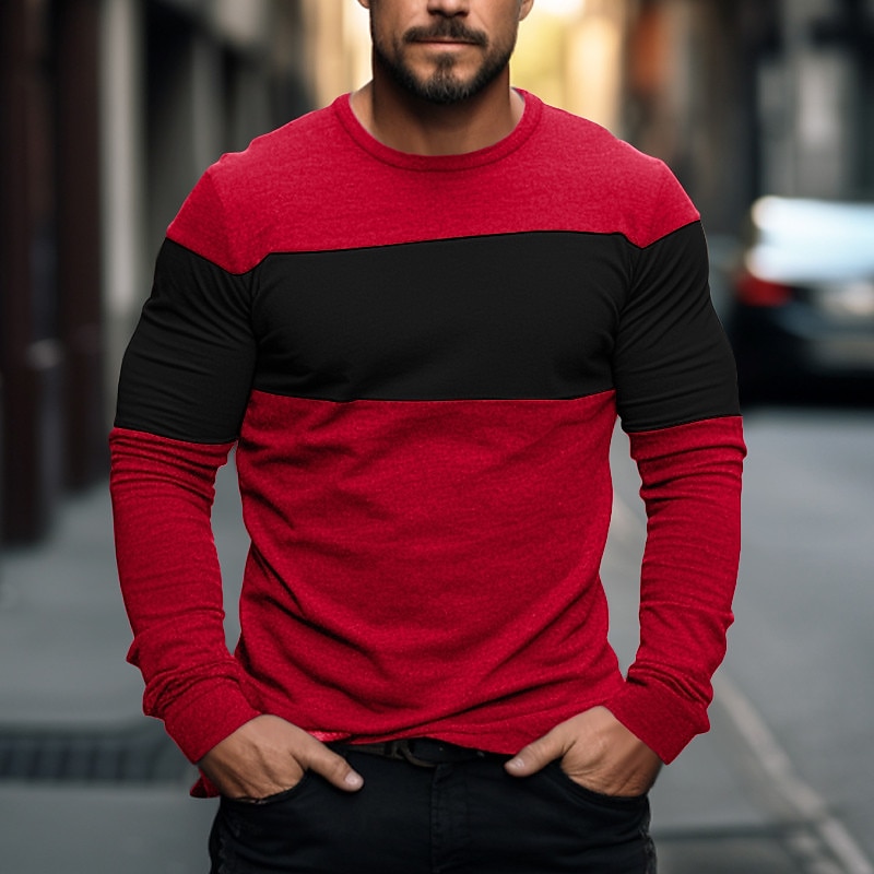Herren T Shirt T-Shirt Langarmshirt Langarm Rundhalsausschnitt Frühling & Herbst Farbblock Mode Designer Basic Patchwork Urlaub Straße Ausgehen Schwarz Rot Hellgrau Top T-Shirt für Herren 2025 - $13.49 –P3