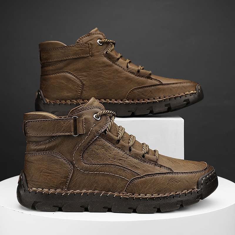 Men's Brown Leather Ankle Boots – Handmade Stitching, Lace-Up Design, and Durable Non-Slip Sole for Outdoor and Casual Wear 2025 - $54.99 –P5