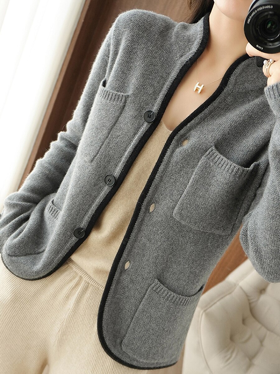 Women's Cardigan Sweater Stand Collar Ribbed Knit Alpaca Wool Button Pocket Fall Winter Outdoor Daily Going out Stylish Casual Soft Long Sleeve Solid Color Brown Beige Grey M L XL 2023 - US $27.99 –P8