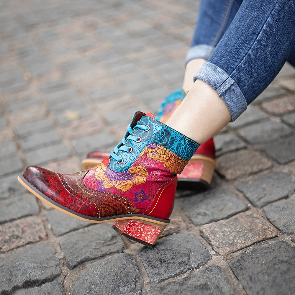 Botine de damă retro florale cu șireturi, cu fermoar, design colorat mozaic – stil casual și vintage pentru purtarea de zi cu zi 2025 - $94.99 –P3