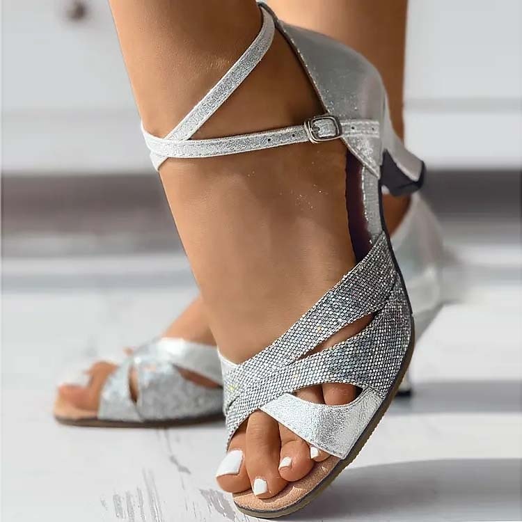 kvinners sølvglitter med åpen tå latinske dansesko - rhinestone-utsmykkede ankelremsandaler for ballsal og festarrangementer 2025 - $32.99 –P7