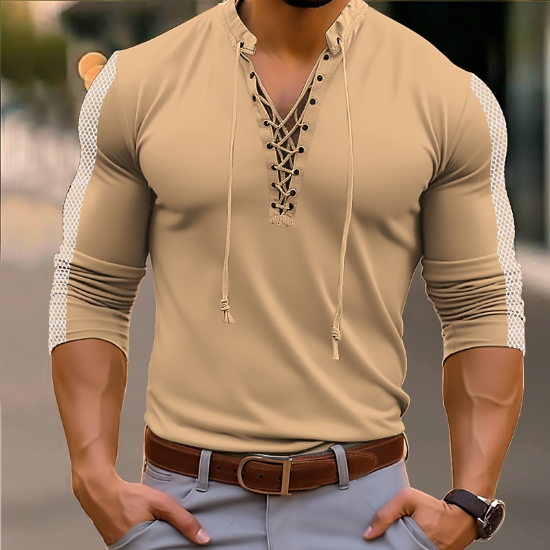 Men's Henley Shirt Tee Top Long Sleeve Henley Summer Patchwork Fashion Designer Basic Lace up Vacation Street Going out White Green Khaki Top Tee for Men 2025 - $21.99 –P4