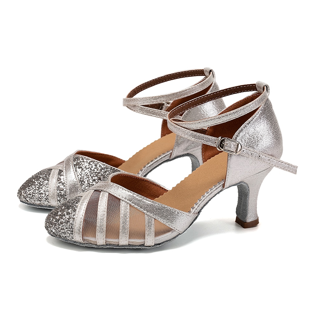 pantofi de dans latino cu sclipici roșii pentru damă – tocuri de sală cu bandă din plasă cu talpă de piele intoarsă pentru salsa și performanță 2025 - $32.99 –P16
