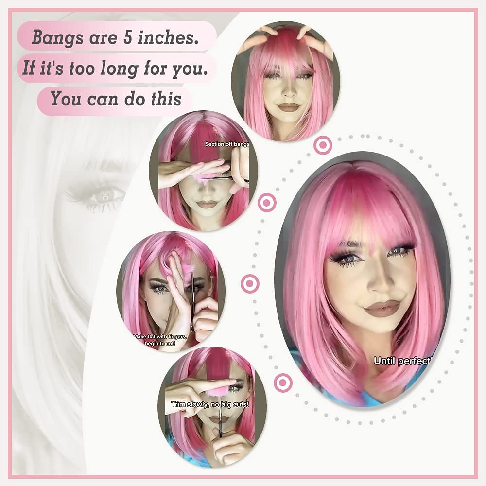 roze bob pruiken met pony 12 inch korte rechte bob pruiken kleurrijke synthetische cosplay dagelijkse feestpruik voor vrouwen 2026 - $22.99 –P14