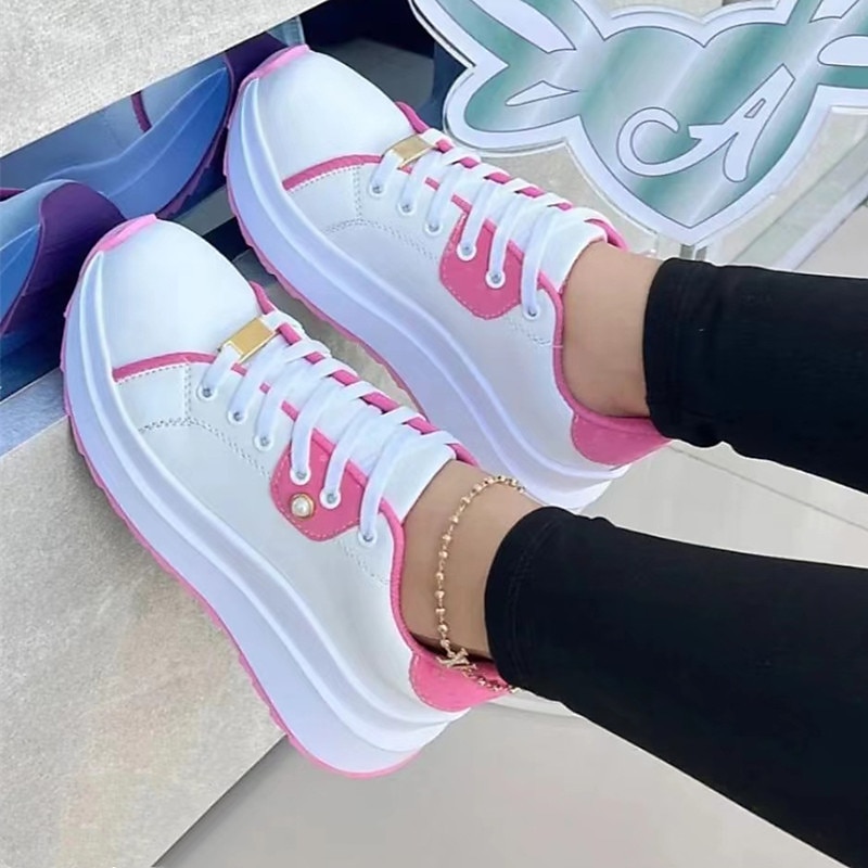 Women's Sneakers Plus Size Platform Sneakers Daily Solid Color Summer Flat Heel Round Toe Casual Comfort PU Lace-up Black White Pink 2023 - AED 101 –P2