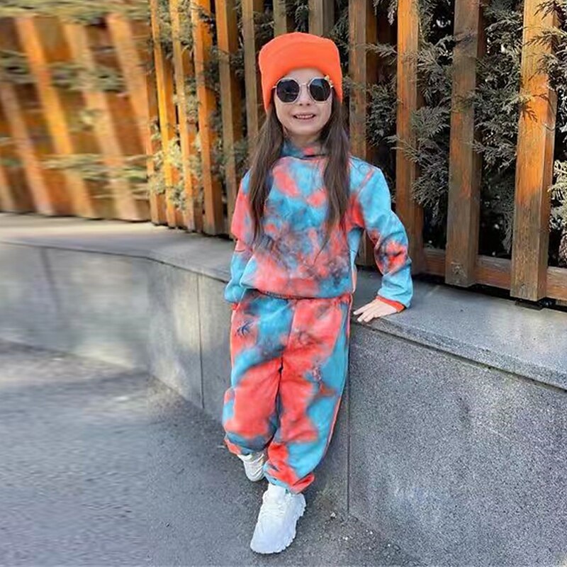 2 Stück kinderkleidung Mädchen Batik Tasche Set aus Kapuzenpullover und Jogginghose einstellen Langarm Aktiv Ausbildung 3-7 Jahre Herbst Rote Orange 2025 - $29.99 –P12