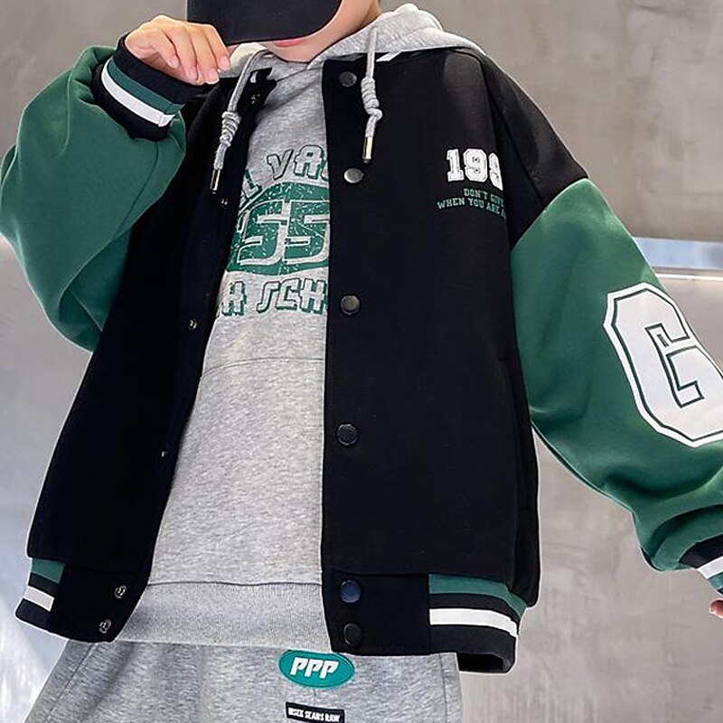 barn pojkar ytterkläder basebolljackor ytterkläder färg block bokstav långärmad fickkappa skolsport mode streetwear grön höst vinter 7-13 år 2025 - $21.99 –P9
