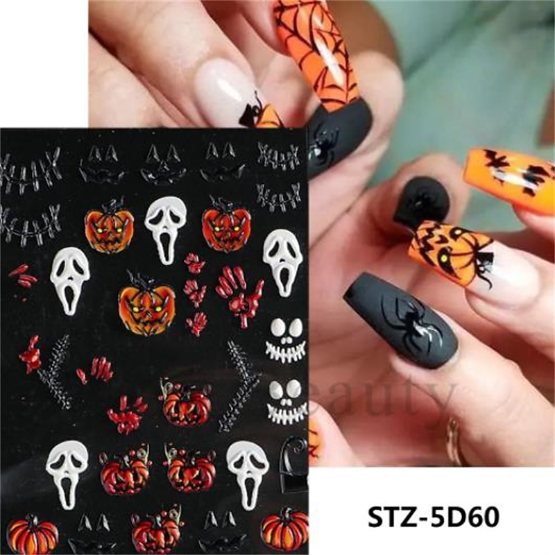 halloween dekorativní nálepka na nehty lebka hlava pavouk kost dýně reliéfní nálepka na nehty halloween dekorace kostry 2025 - $9.99 –P9