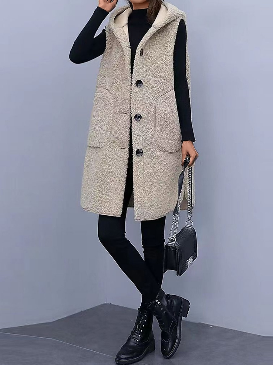 Women's Winter Coat Teddy Vest Fall Winter Long Sherpa Jacket Regular Fit Windproof Warm Contemporary Casual Street Style Jacket Sleeveless Plain with Pockets Wine Apricot 2023 - US $23.99 –P2