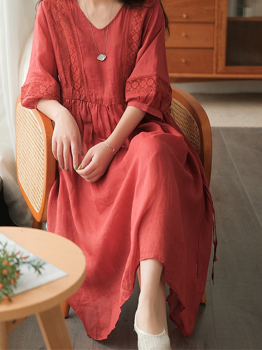 Femmes Noir Blanche Jaune Automne Robe maxi Robes inspirées du lin Robe Décontractée Basique Classique Occasionnel Extérieur Vacances Quotidien Coupe Ample Uni Col en V de 2025 ? $32.99 –P9