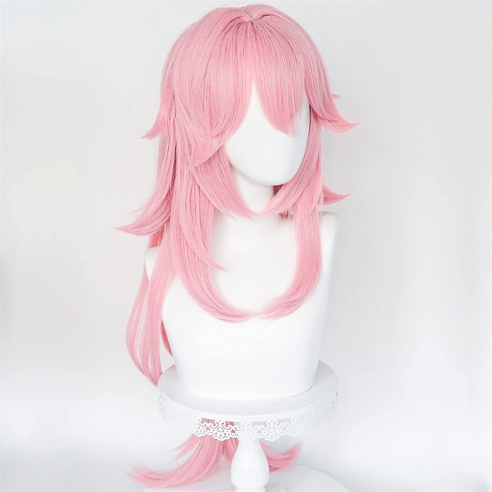 parrucca rosa per cosplay guuji yae miko capelli con frangia a coda di cavallo parrucca lunga riccia e soffice per festa di carnevale del 2025 a $26.99 –P3