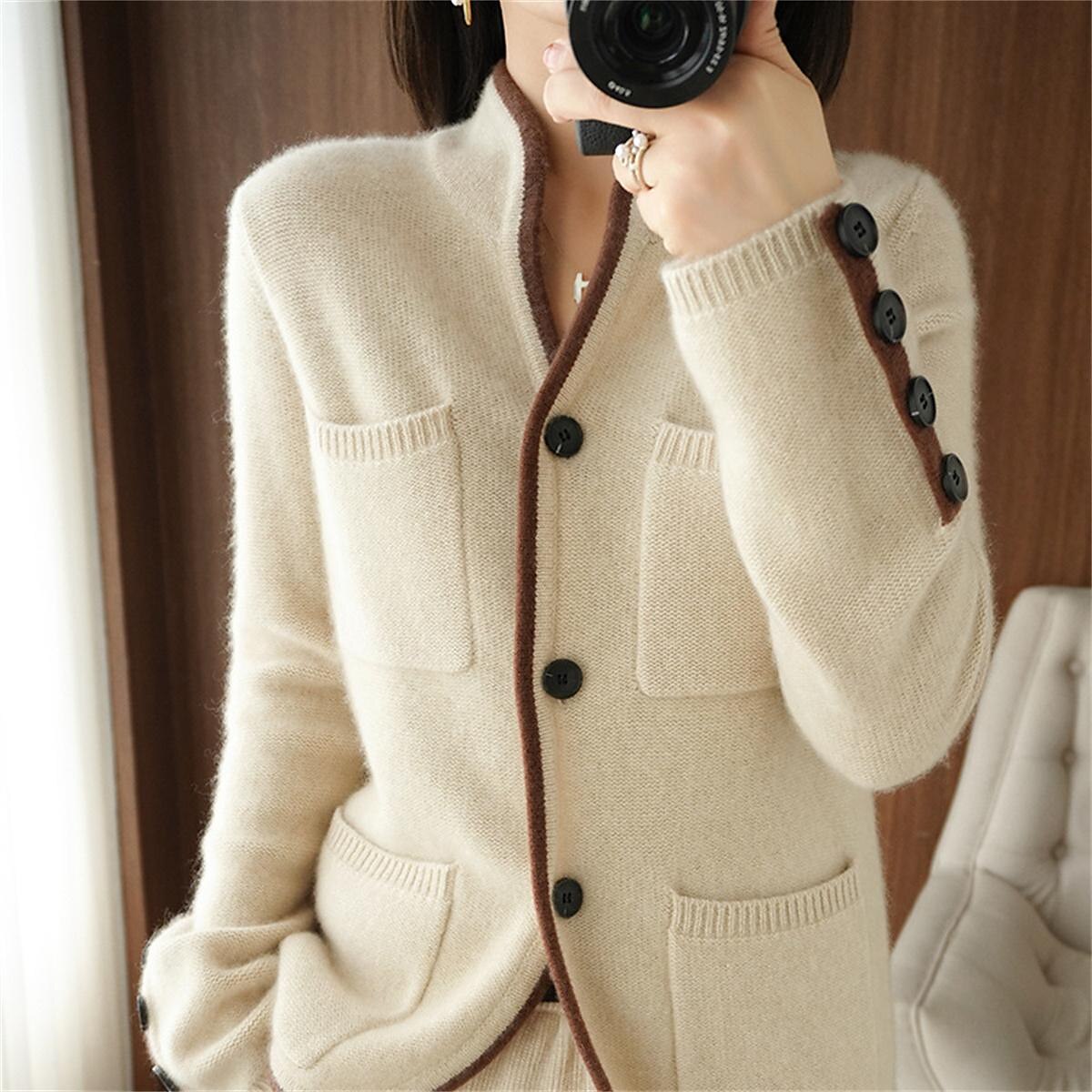 Women's Cardigan Sweater Stand Collar Ribbed Knit Alpaca Wool Button Pocket Fall Winter Outdoor Daily Going out Stylish Casual Soft Long Sleeve Solid Color Brown Beige Grey M L XL 2023 - US $27.99 –P12