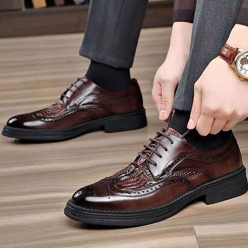 férfi barna brogue bőr oxford cipő - krokodil dombornyomott minta, fűzős kivitel, formális rendezvényekre tökéletes 2025 - $46.99 –P2