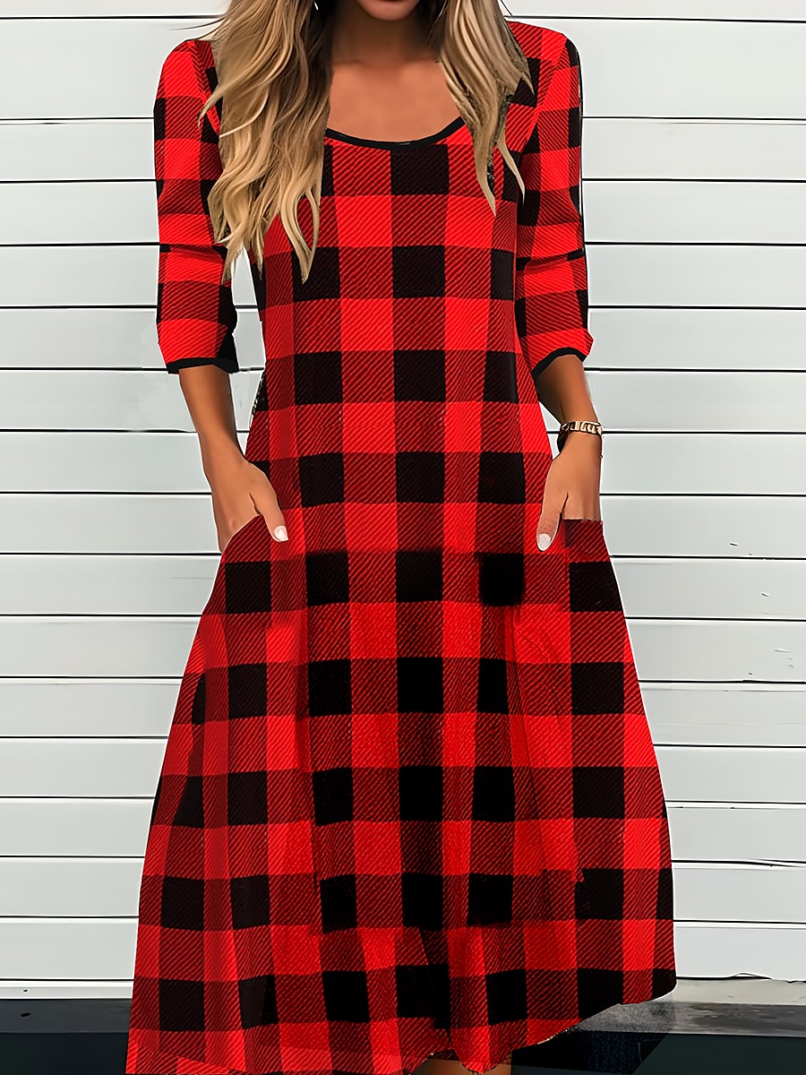 Robe Midi Femme Robe Décontractée Robe d'hiver Robe Fourreau Mode Modeste Formelle Plein Air Maison Coupe Laisse Carreaux Manches Longues Col Ronde Noir Rouge Vin Automne Hiver de 2025 ? $36.99 –P2