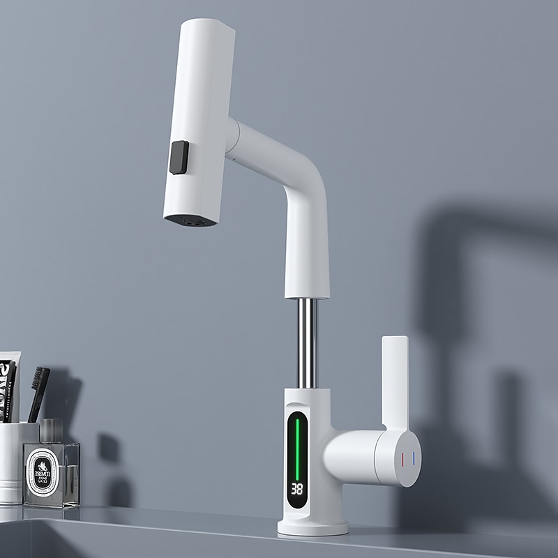 Vaskekran for baderom - Roterbar / Trekk ut / LED galvanisert / Malte overflater Centersat Enkelt Håndtak Et HullBath Taps 2025 - $145.99 –P4