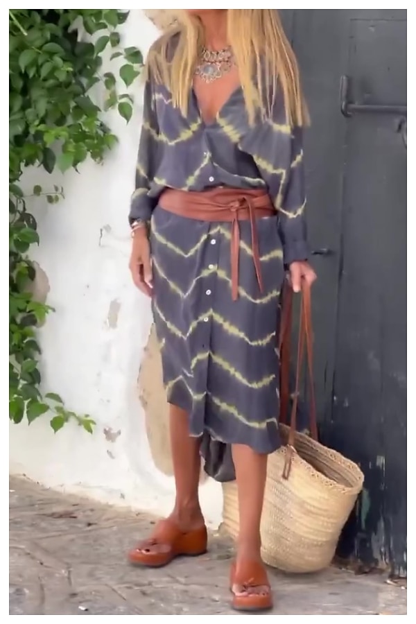 kvinners geometriske stripe knapp splitt v-hals maxi lang kjole daglig ferie langermet sommer våren 2025 - $51.99 –P6