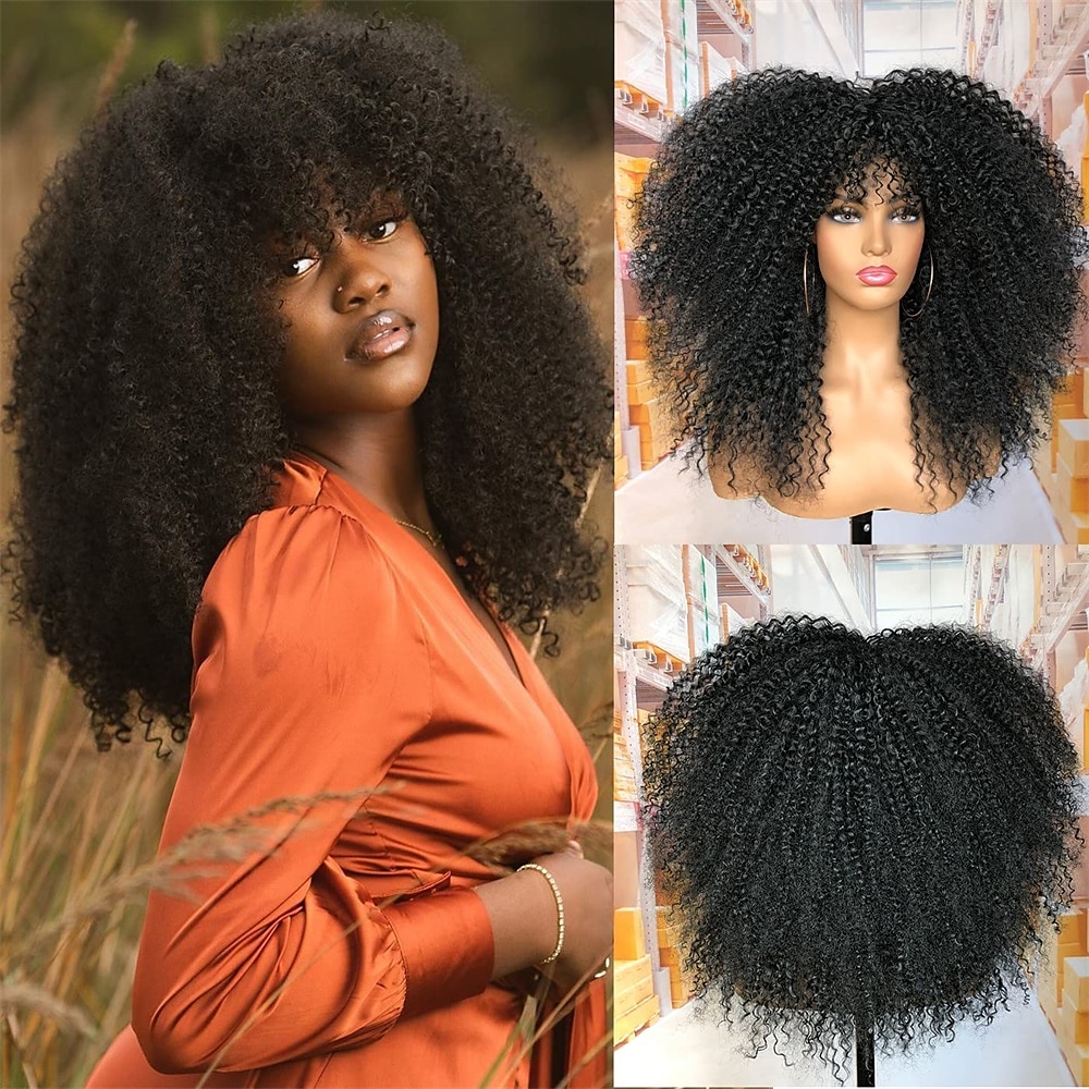 18 inch lange krullende pruik met pony voor zwarte vrouwen afro bom kinky krullende pruik pluizig en zacht synthetisch haar 2025 - $24.99 –P2