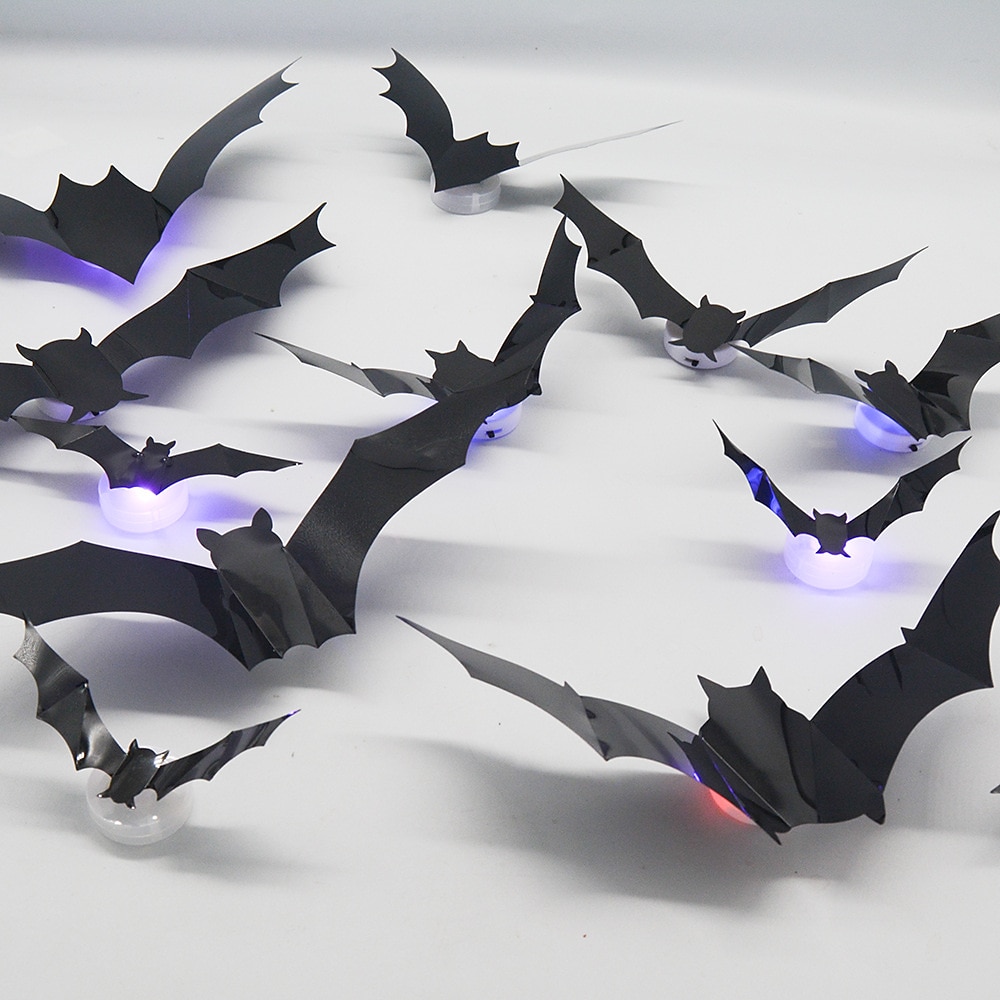 halloween 12/24ks led světelná nástěnná výzdoba netopýrů, 3D netopýří halloweenská dekorace vnitřní nálepky netopýrů, voděodolné černé strašidelné kutilské netopýry pro domácí dekoraci vnitřní venkovní párty dekorace 2025 - $7.99 –P5
