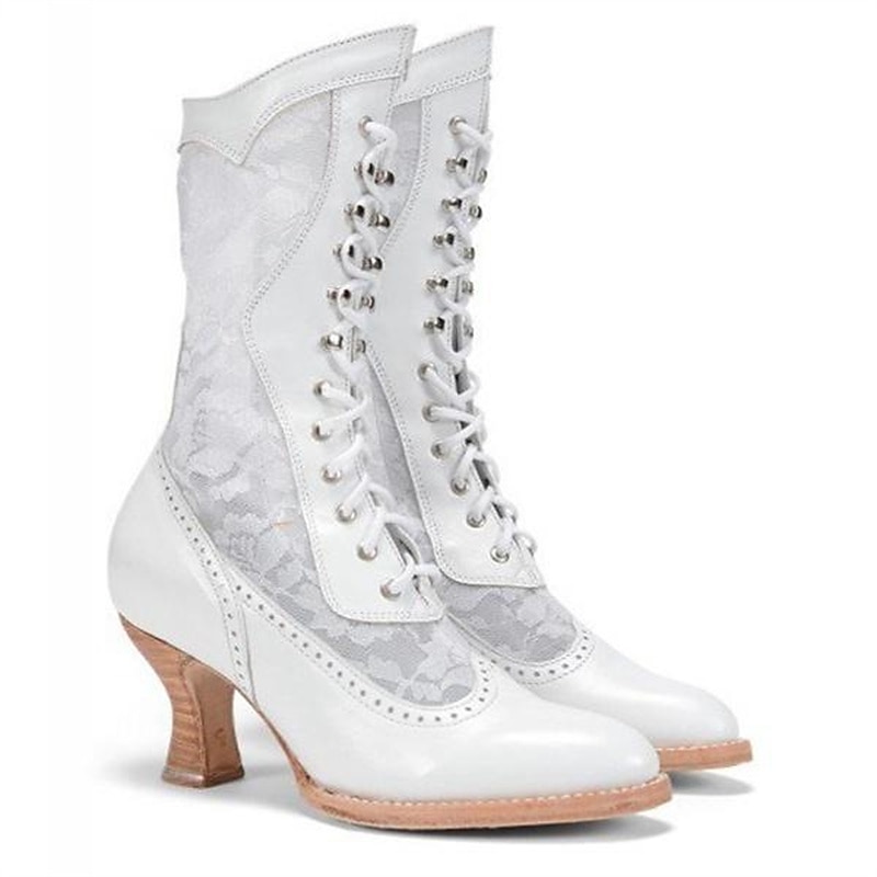 Women's Victorian-Style White Lace-Up Boots with Lace Panels - Elegant Vintage Footwear for Weddings and Special Occasions 2025 - GBP £49 –P3