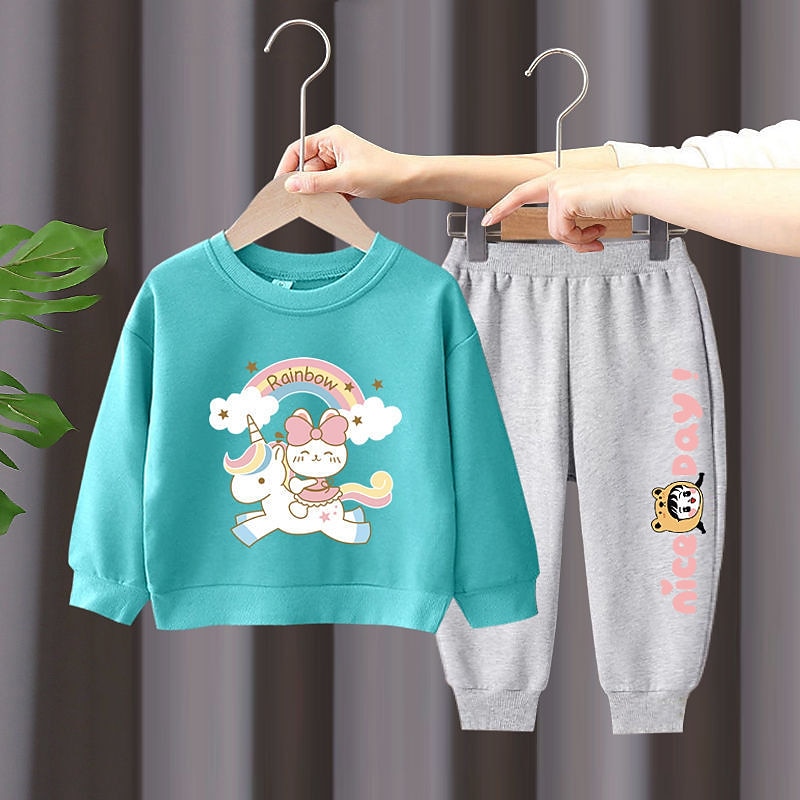 2 Stück Kinder Mädchen Regenbogen Rundhalsausschnitt Hoodie- und Jogginghosen-Set einstellen Langarm Aktiv Outdoor Baumwolle 3-7 Jahre Frühling Schwarzer Einhornpullover + schöne schwarze Hose 2025 - $16.99 –P7