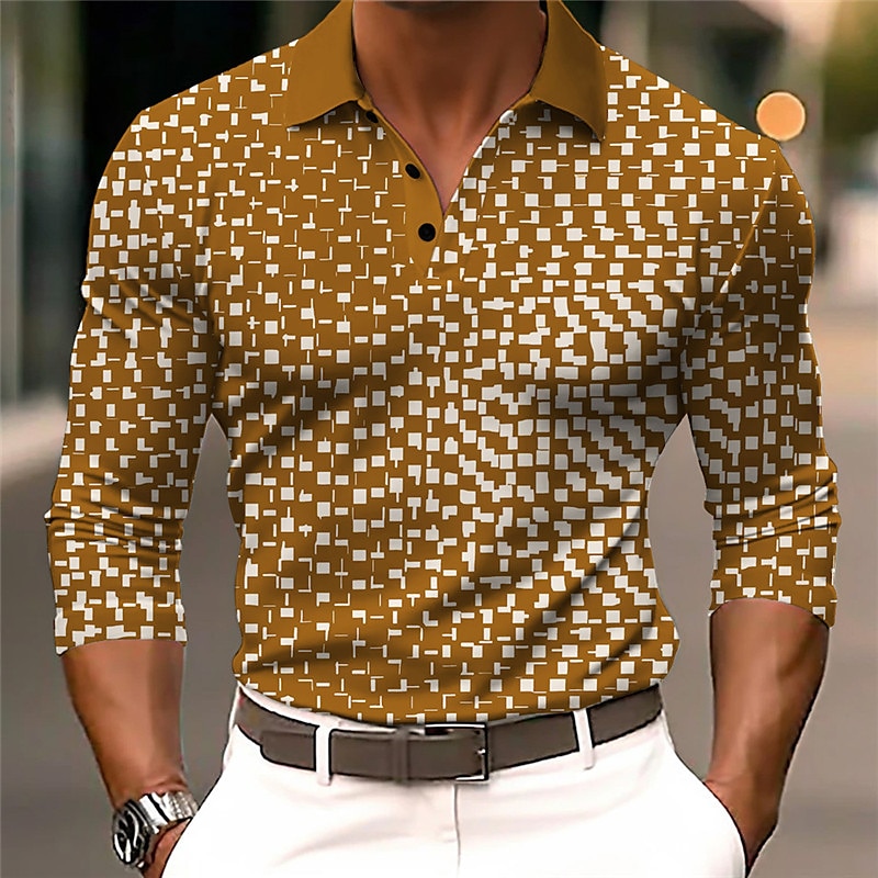 Men's Geometric Polo Shirts Golf Shirt Long Sleeve Polo Shirts Collared Shirts Business Casual WorkWear Formal Wear Festival Wear Buttons 3D Print Fall & Winter White Blue Brown 2025 - $23.99 –P2