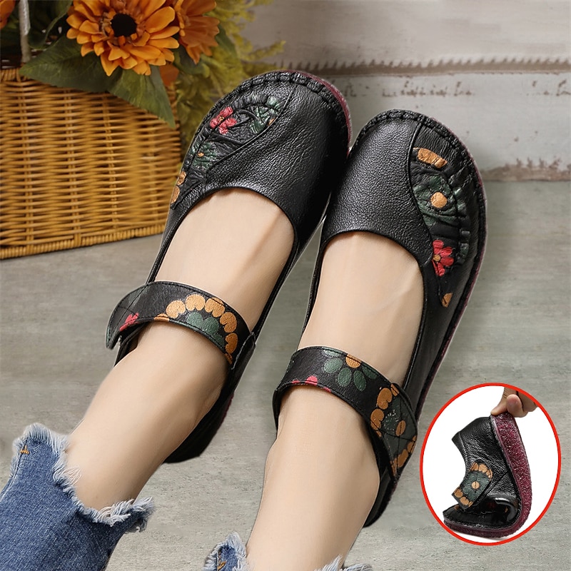 női piros bőr mezítlábas mary jane flats – hímzett virágos alkalmi kényelmes cipő tépőzáras pántokkal 2025 - $42.99 –P1