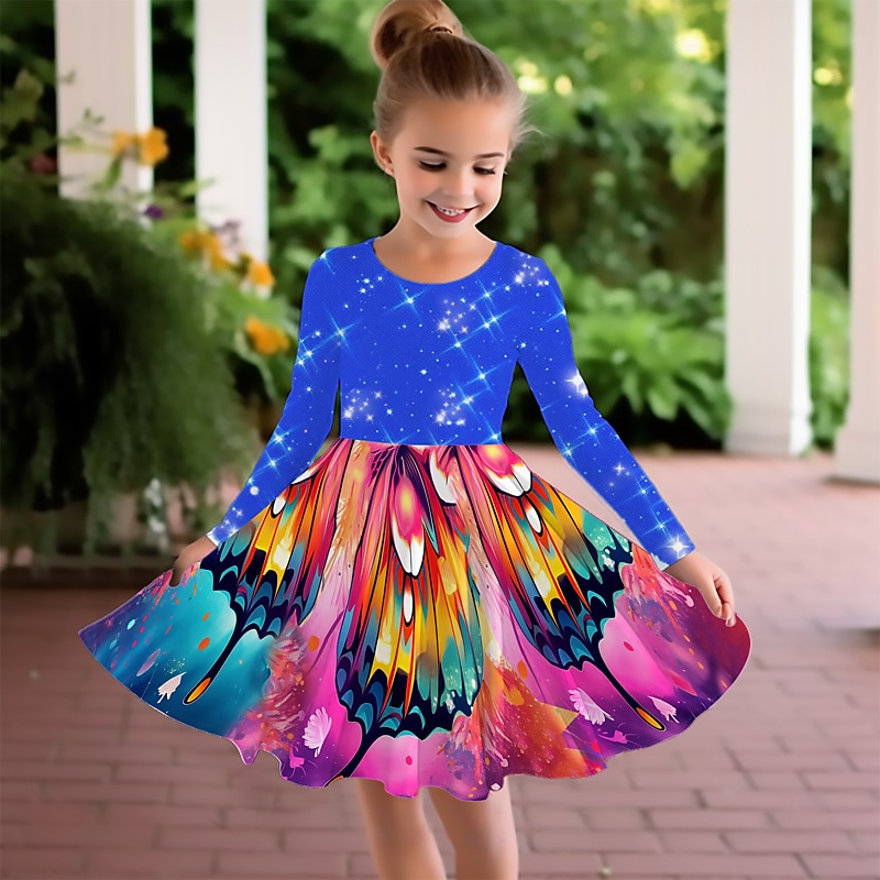 Meisjes 3D Grafisch Vlinder Jurk Lange mouw 3D-afdrukken Zomer Herfst Vakantie Sport & Outdoor Dagelijks leuke Style Casual Mooi Kinderen 3-12 jaar Casual jurk A lijn jurk Boven de knie Normale 2025 - $17.49 –P9