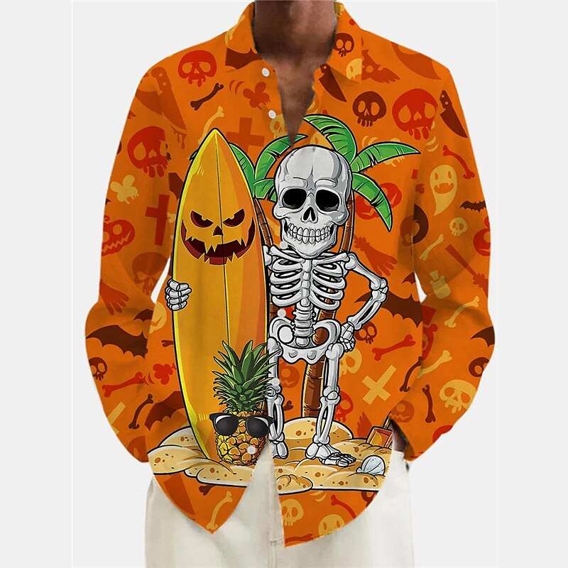 herrskjorta skalle pumpa grafiska tryck turndown svart gul röd lila utomhus halloween långärmat tryck kläder kläder mode streetwear designer casual 2025 - $25.99 –P4