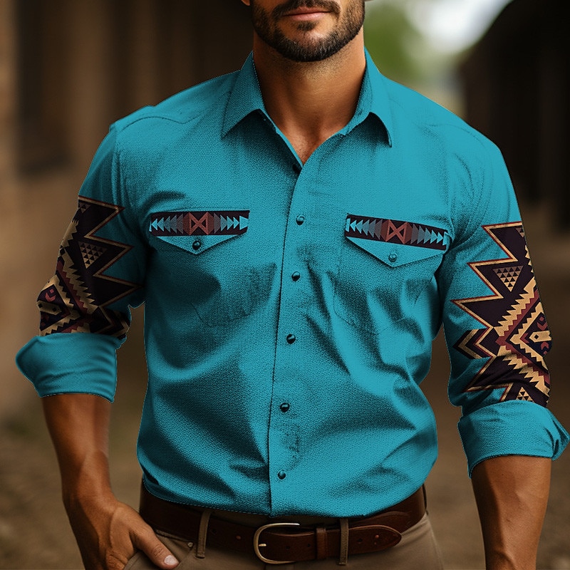 Hombre Tribal Estampados Cosecha Camisa camisa occidental Camisa vaquera Manga Larga Moda Ropa de calle Design Diario Exterior Otoño invierno Cuello Vuelto Estampado Azul Piscina Negro 2026 - $28.99 –P2